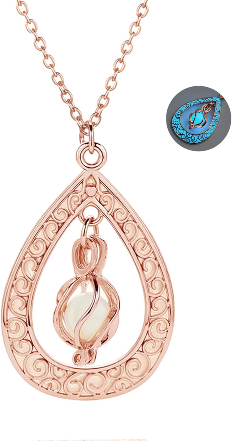 EEQQBZ Glow in The Dark Silver Teardrop shape necklace,Fantasy Glowing Jewelry Charm