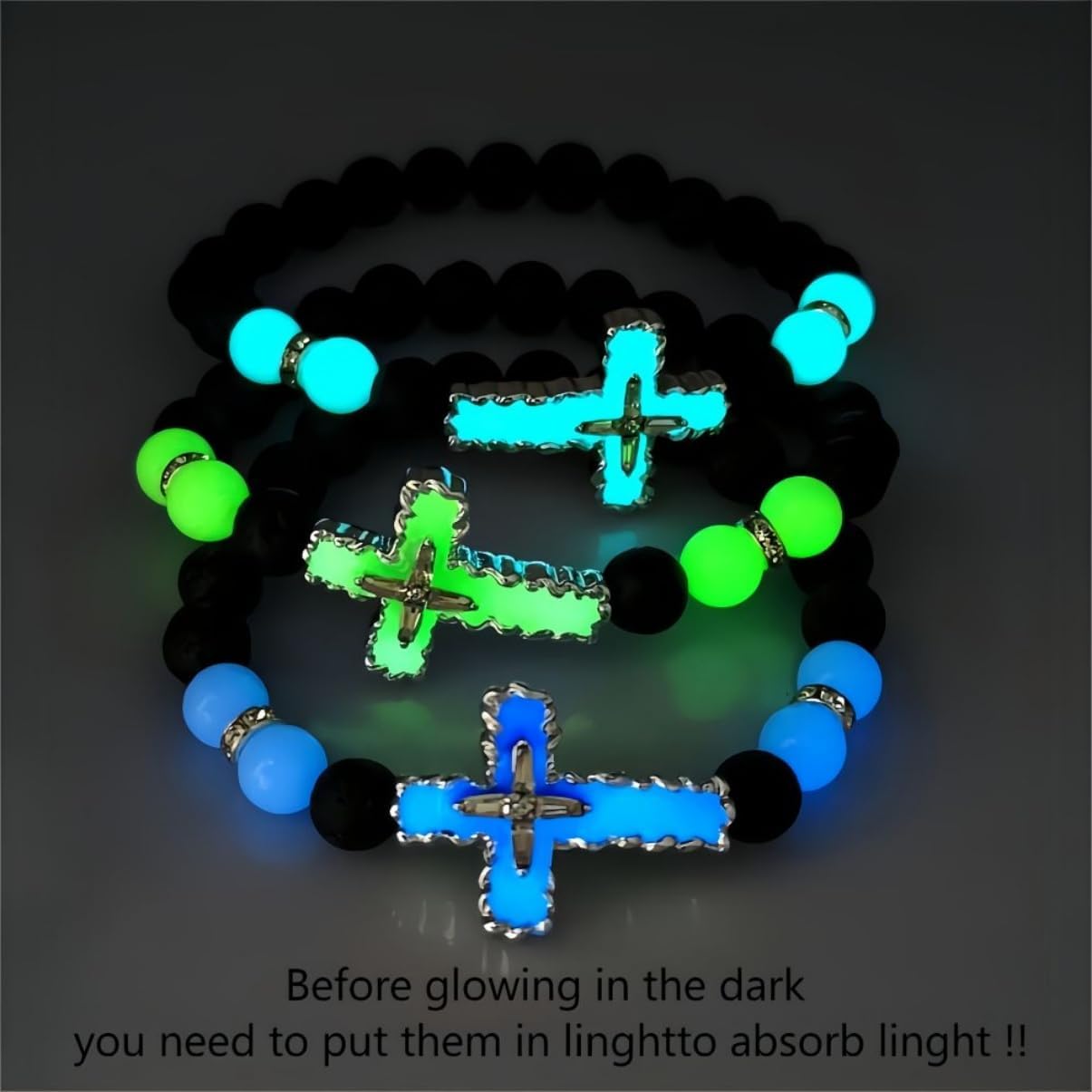 8mm Natural Volcanic Stone Bracelets for Men,Luminous Cross Bracelets,Healing Crystal Elastic Stretch Beads Bracelet,Religion Holy Communion Bracelet for Women