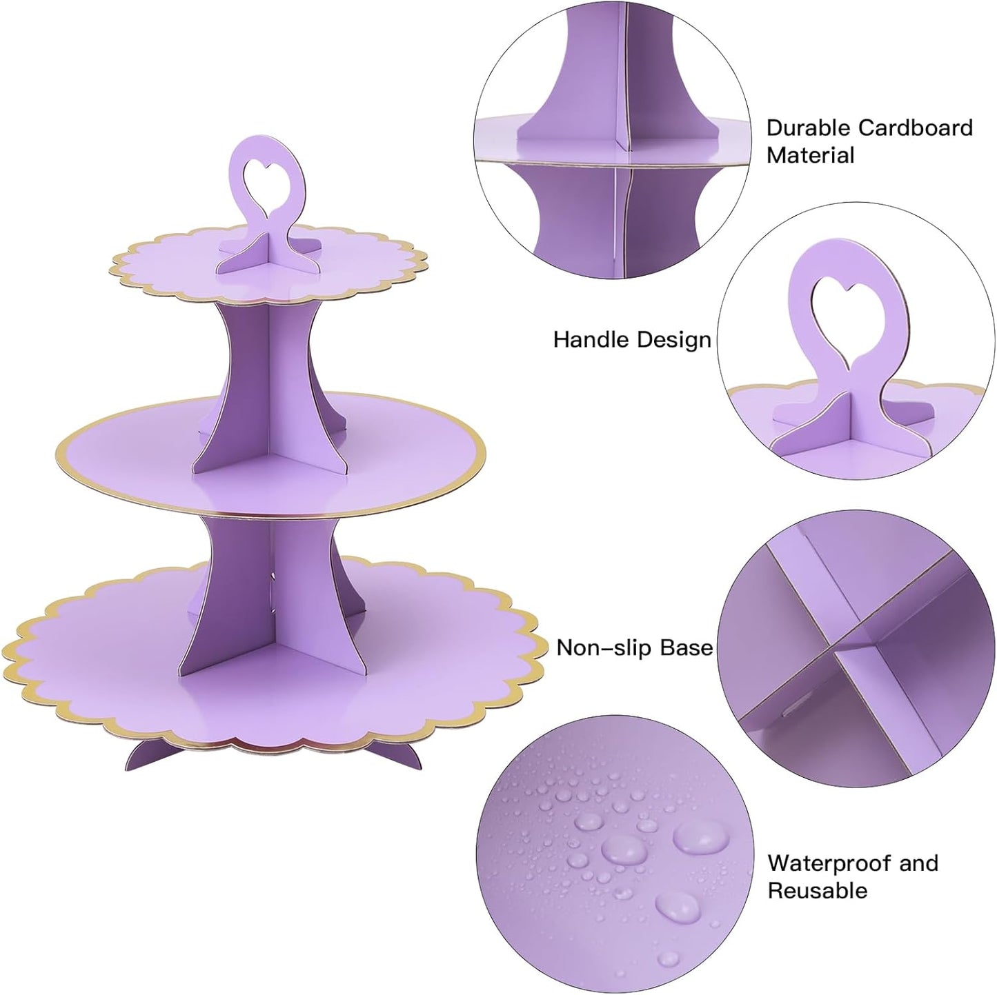 Soleebee 3-Tier Cupcake Stand, Cardboard Cupcake Tower, Cup Cake Stand Tower for Birthday Wedding Party Decoration, Cupcake Tier Stand Desserts Display 1 Set (Purple Gold)