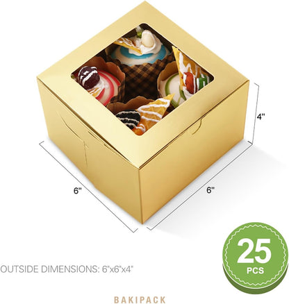 25 Gold Bakery Boxes with Window, 6x6x4 Inches Cake Boxes with Window, Treat Boxes for Small Bakery, Dessert, Candy, Cookies, Pastry, Party Favors, Wedding Cake
