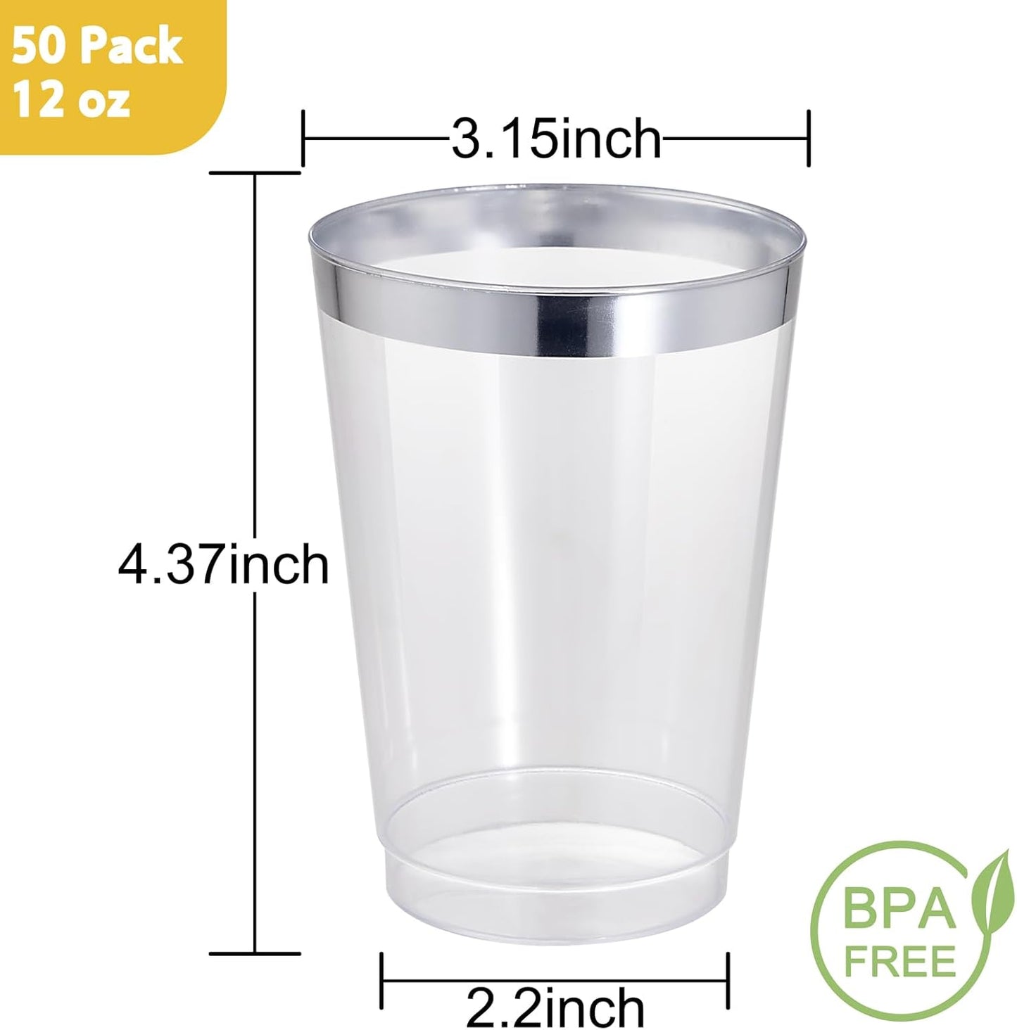I00000 100 Pack 12 oz Gold Plastic Cups, Gold Rimmed Disposable Cups, Disposable Wine Glasses Cocktail Glasses Premium Cup with Golden Rim, 12 Ounce Plastic Tumblers for Party & Wedding