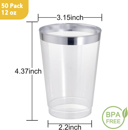 I00000 100 Pack 12 oz Gold Plastic Cups, Gold Rimmed Disposable Cups, Disposable Wine Glasses Cocktail Glasses Premium Cup with Golden Rim, 12 Ounce Plastic Tumblers for Party & Wedding