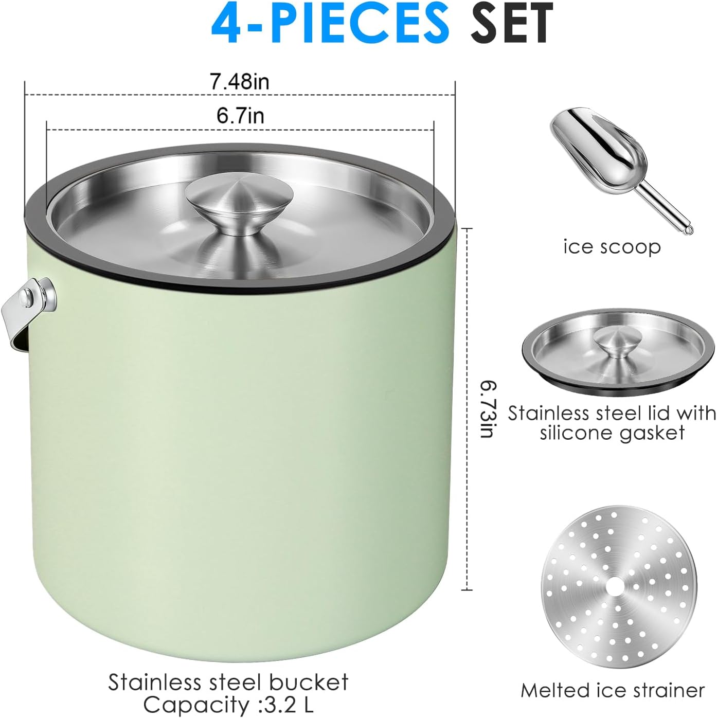 3.2L Insulated Ice Buckets for Parties, Elegant Double Wall Stainless Steel Champagne Buckets with Lid & Scoop,Ideal for Cocktail Bar, Chilling Wine, Champagne