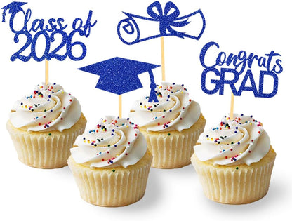 2026 Graduation Theme Cupcake Toppers Glitter Class of 2026 Graduation Cap Diploma Cupcake Picks - Set of 24 (Gold)