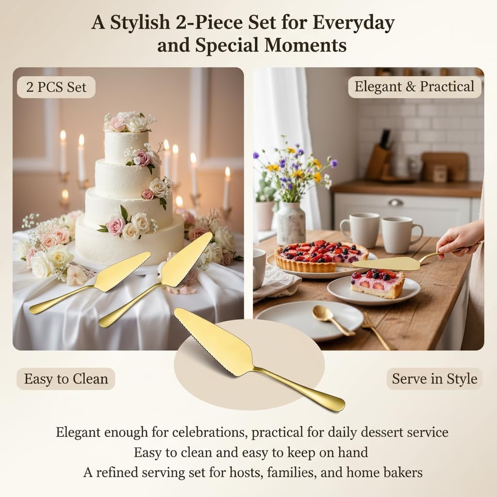2 PCS Gold Cake Server Set, Stainless Steel Serrated Pie Cutter and Server with Mirror Finish for Wedding, Party, Dessert Buffet, Banquet - 8.9 Inch Elegant Serving Tools