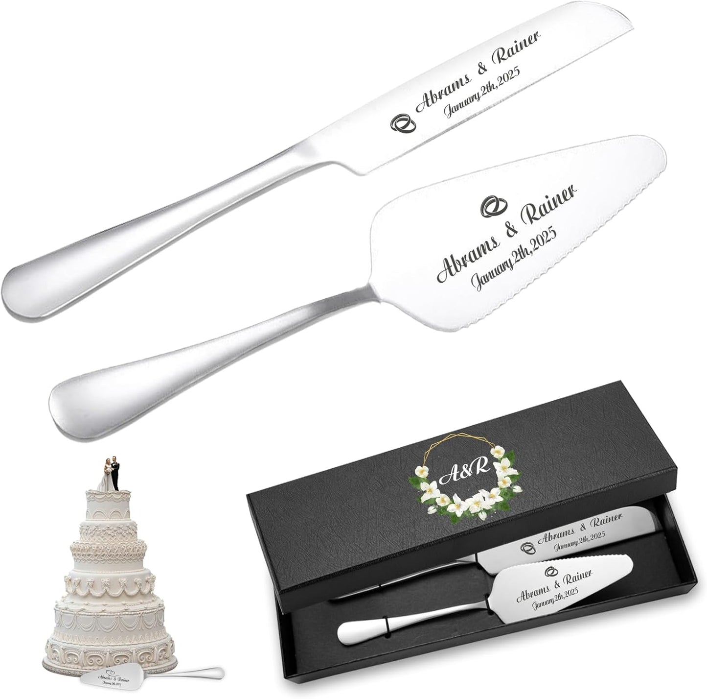 HJX Personalized Wedding Cake Knife and Server Set with Champagne Flutes, Custom Name Text Toasting Glasses for Bride and Groom, Cake Cutting Set Ideal Wedding Engagement Bridal Shower Gift