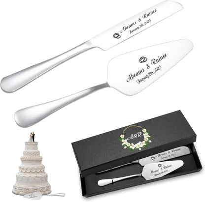HJX Personalized Wedding Cake Knife and Server Set with Champagne Flutes, Custom Name Text Toasting Glasses for Bride and Groom, Cake Cutting Set Ideal Wedding Engagement Bridal Shower Gift