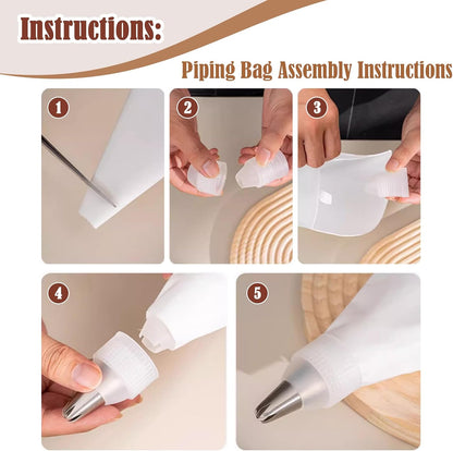 9-Piece Reusable Piping Bags and Tips Set- Cotton Baking Kit with Coupler, Stainless Steel Nozzles & Cleaner for Cakes/Cupcakes/Cookies Decorating