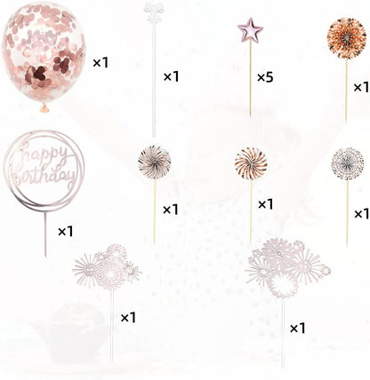 Cake Topper Decoration Set Acrylic Glitter Happy Birthday Cake Topper with Confetti Balloon Paper Fans Stars Firework Cupcake Toppers for Gold Theme Decor Girl Women Birthday Party Supplies (Gold)