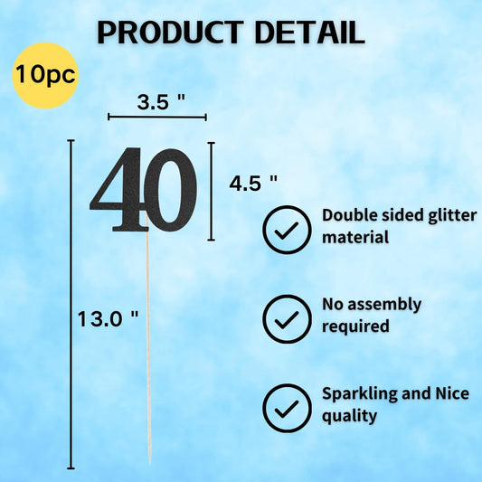 10-Pack Double Sided Glitter 40th Birthday Centerpiece Anniversary Centerpiece Sticks, Number 40 Table Topper Cake Topper for 40th Birthday Anniversary Table Party Decorations (Double Sided gold)