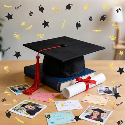 Black Gold Graduation Confetti Class of 2026 Black Graduation Cap, 200Pcs Glitter Stars Confetti Sprinkles, Table Congrats Grad Confetti for Graduation Party Table Decorations