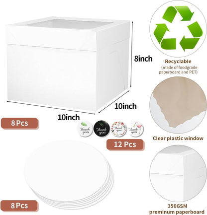 16pcs 8x8x8 Inches Cake Boxes,8pcs White Bakery Boxes with Window and 8pcs Boards,Cajas storage for 8 inch Cake box, Disposable Pie Box, Father's Day,Wedding, Birthday, Party
