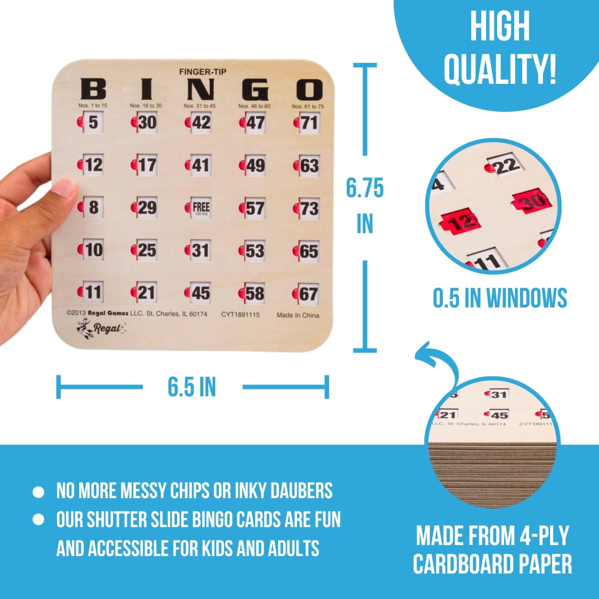 Regal Bingo Game Set for Adults and Kids - 50 Bingo Cards with Sliding Windows, Reusable & Large Bingo Cards, 1 Master Board - Fun Family Game Night - No Chips & Daubers Needed - Green