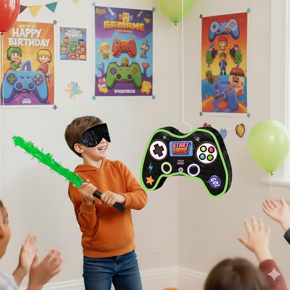 Video Game Pinata Set for Boy Kids Gamer Party with Controller Pinata, Straws, Bracelets, Stickers, Keychain, Confetti Tools for Party Decoration (Black)