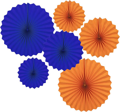 Navy Blue and Yellow Round Party Hanging Paper Fans Decorations Set, Pack of 6
