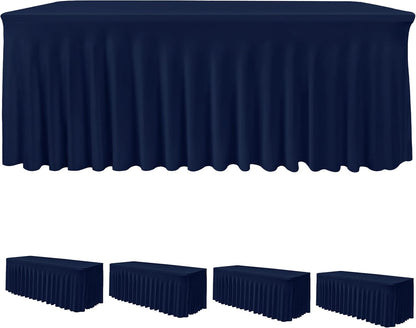 HolidayIdeas 2 Pack Spandex Table Skirt for 6 Ft Rectangle Tables, Black Fitted Stretch Tablecloth 30 x 72 Inch, Wrinkle Resistant Ruffle Design for Wedding Banquets, Trade Shows, Parties