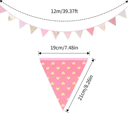 G2PLUS 39Ft Triangle Bunting Banner, 42Pcs Pink Floral Garland Pennant Banner, Reusable Cotton Triangle Flags Party Decoration for Birthday, Wedding, Garden Tea Party, Baby Shower, Room Decor