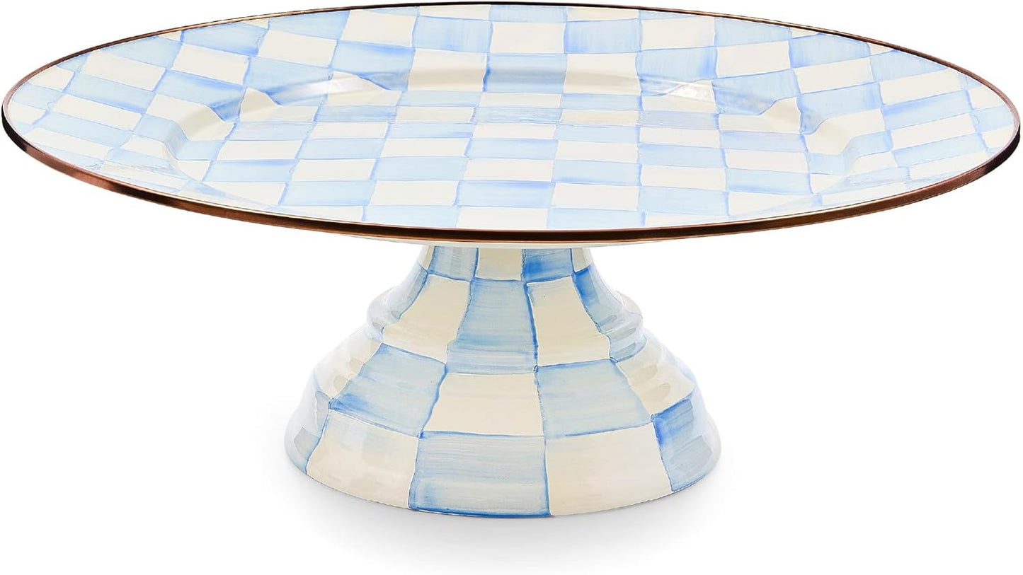 MACKENZIE-CHILDS Enamel Pedestal Platter, Round Cake Stand, Large, Black-and-White Courtly Check