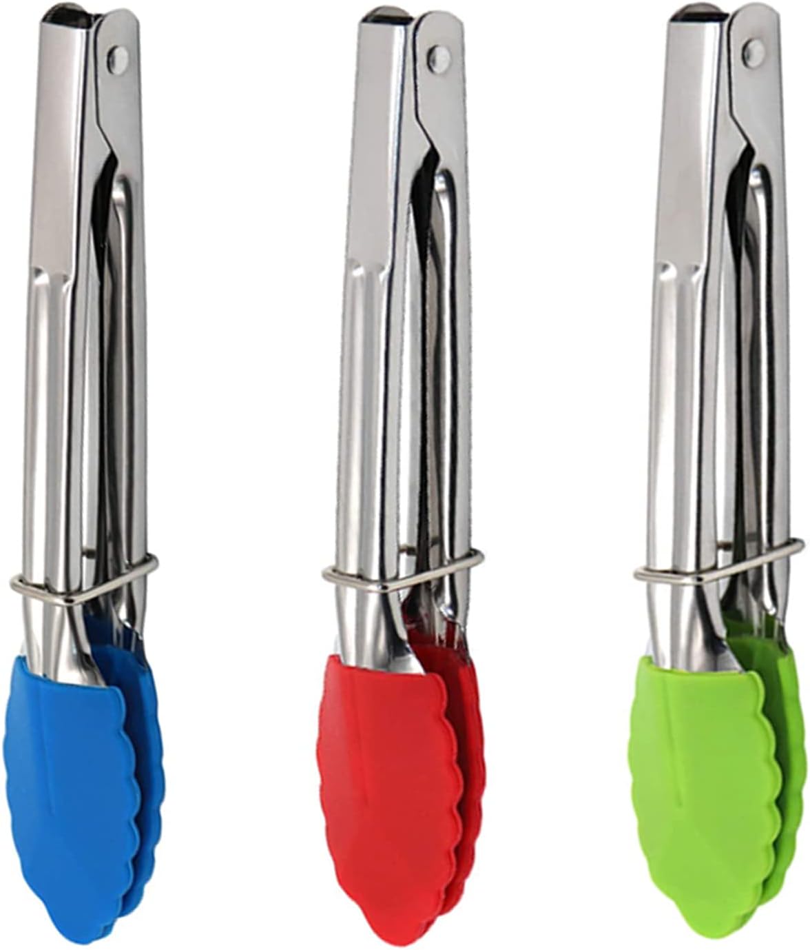 Mini Kitchen Tongs with Silicone Tips, 3-Piece Set, 7-Inch Non-Stick Tongs with Stainless Steel Silicon Handles, Heat Resistant for Cooking & Serving (Red)