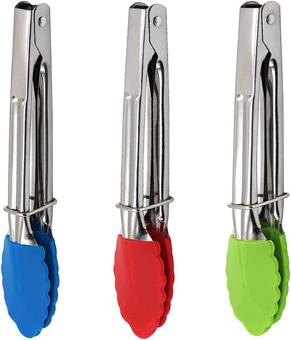 Mini Kitchen Tongs with Silicone Tips, 3-Piece Set, 7-Inch Non-Stick Tongs with Stainless Steel Silicon Handles, Heat Resistant for Cooking & Serving (Red)