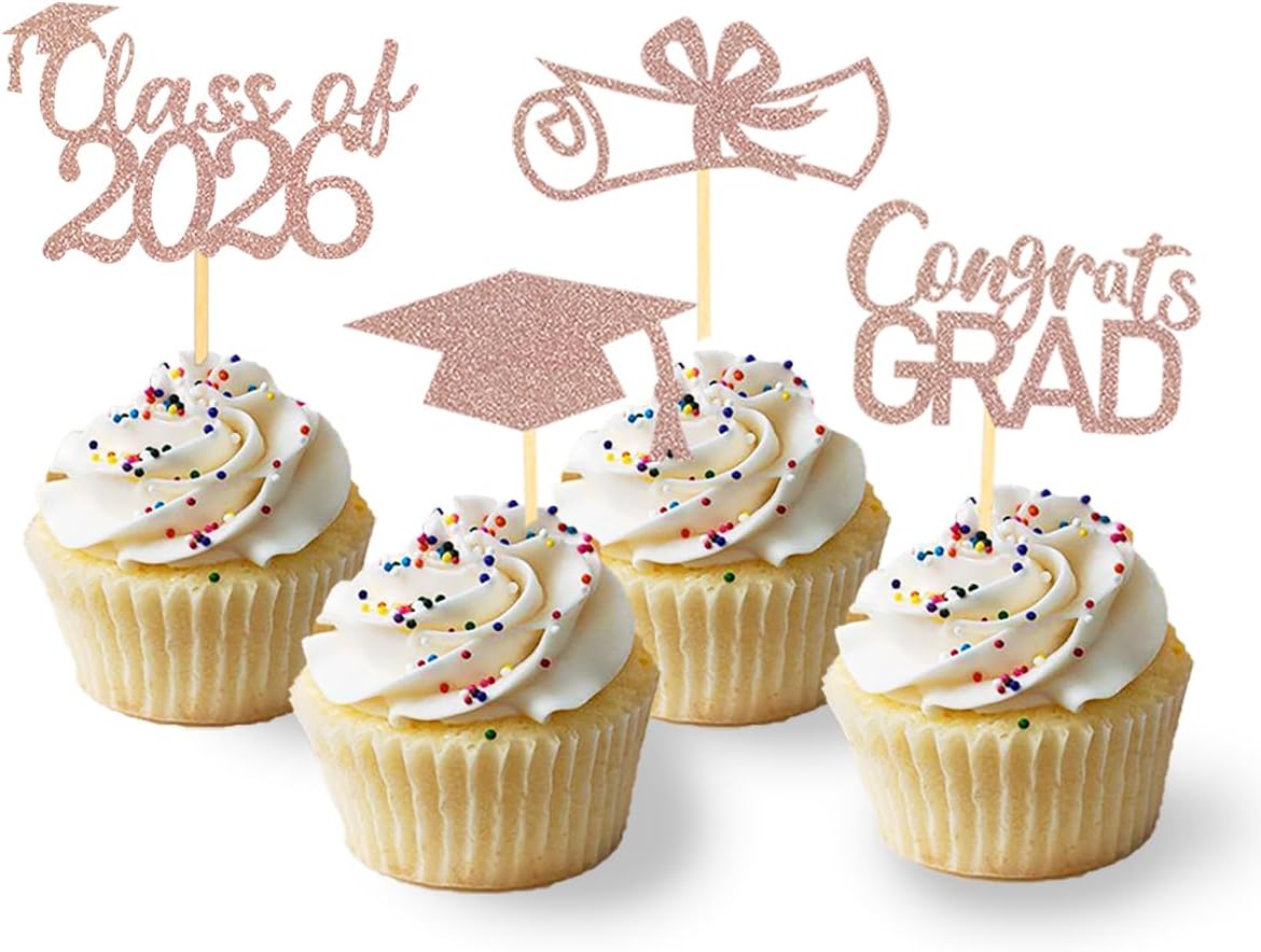 2026 Graduation Theme Cupcake Toppers Glitter Class of 2026 Graduation Cap Diploma Cupcake Picks - Set of 24 (Gold)