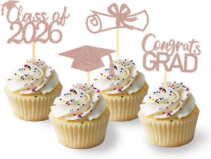 2026 Graduation Theme Cupcake Toppers Glitter Class of 2026 Graduation Cap Diploma Cupcake Picks - Set of 24 (Gold)