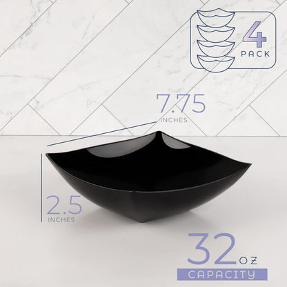 PLASTICPRO Disposable 64 ounce Square Serving Bowls, Party Snack or Salad Bowl, Large Plastic Elegant White Pack of 4