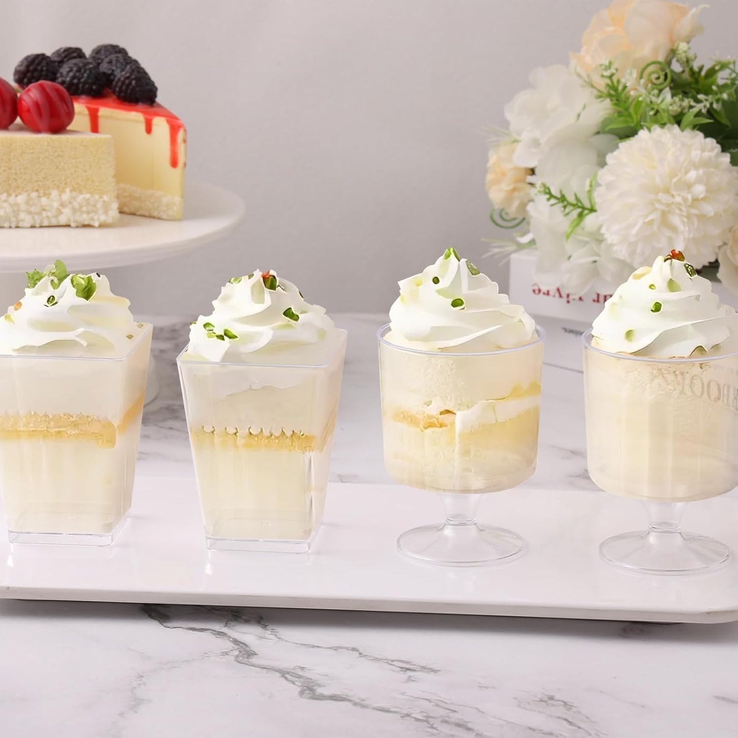 200 Pcs Dessert Cups with Spoons - 5 OZ Mini Clear Plastic Dessert Parfait Cups - Square Shooter Cup Round Goblet for Party Appetizer Fruit Pudding Ice Cream Cake