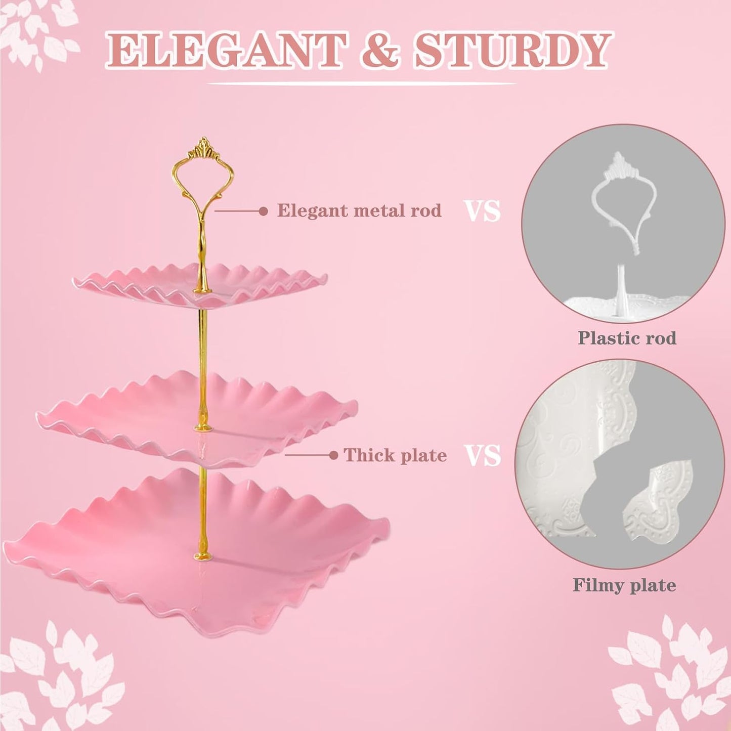 5 Pcs Dessert Table Display Set, White Plastic 2 Pcs Round 3 Tier Cupcake Stand Cup Cake Tower Stand with Metal Rod & 3 Pcs Serving Tray for Baby Shower, Tea Party, Wedding, Birthday Party