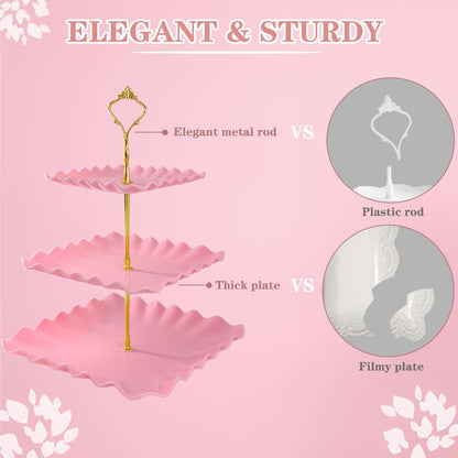 5 Pcs Dessert Table Display Set, White Plastic 2 Pcs Round 3 Tier Cupcake Stand Cup Cake Tower Stand with Metal Rod & 3 Pcs Serving Tray for Baby Shower, Tea Party, Wedding, Birthday Party