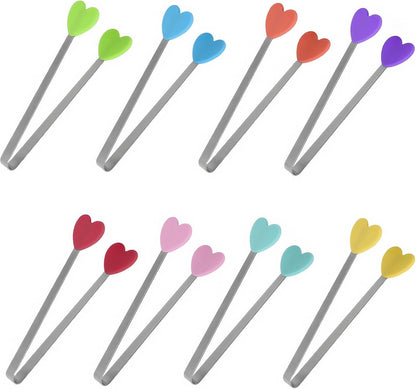 8PCS Mini Food Tongs, Small Stainless Steel Tongs with Silicone Tips, for Ice Cube, fruits, Sugar, Barbecue, 5.3 inch，8 Colors (Heart shape)