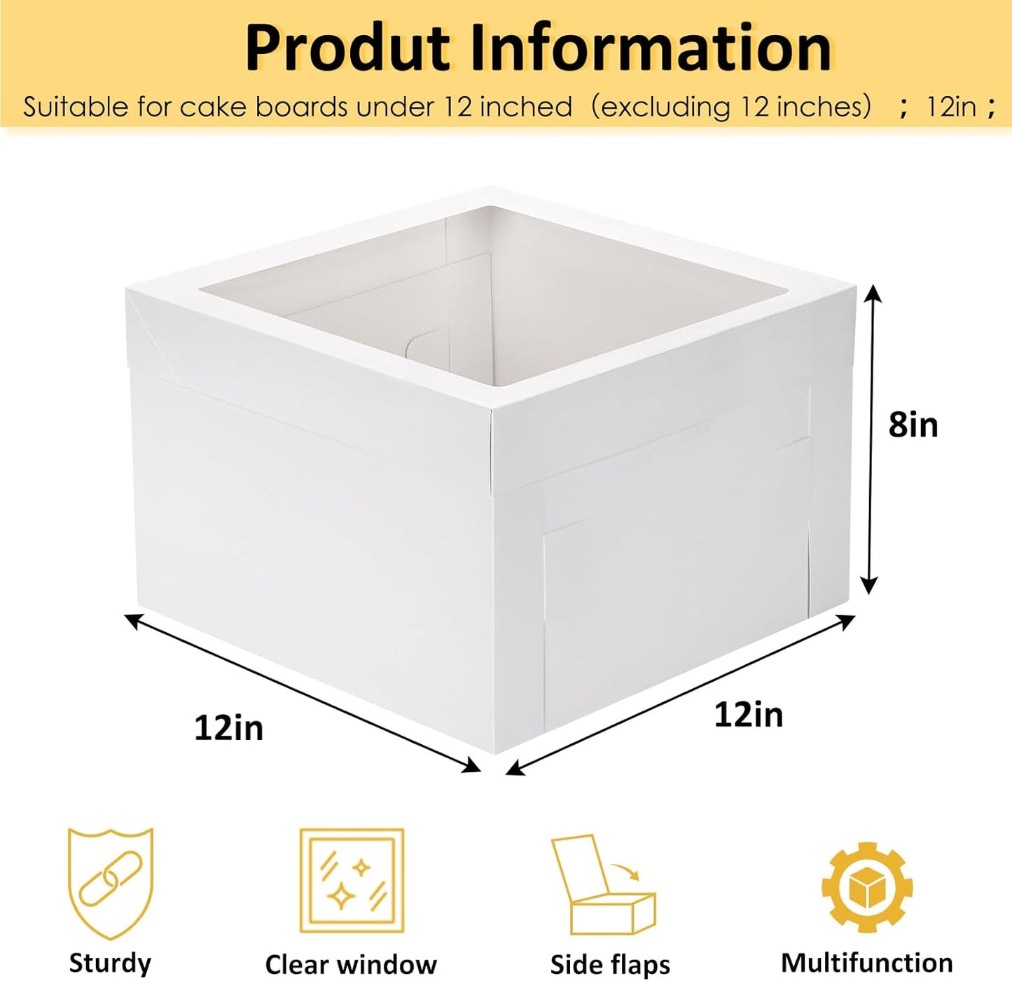 Moretoes 30pcs Cake Boxes 12x12x8 Inch, Bakery Containers with Large Window, 12 Inch White Cake Carrier, Disposable Boxes for Birthday, Party, Cupcake Cookie Pie Pastry