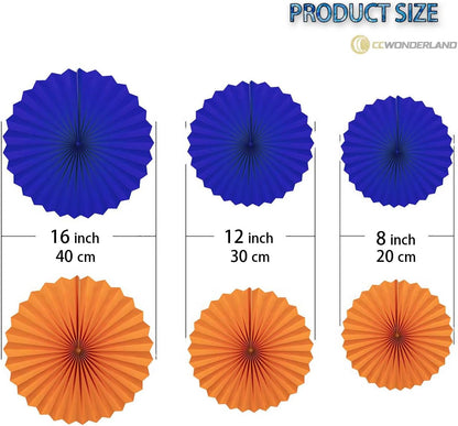 Navy Blue and Yellow Round Party Hanging Paper Fans Decorations Set, Pack of 6