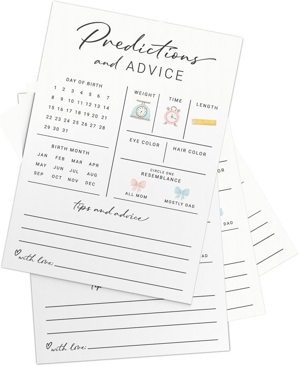 Printed Party Baby Predictions & Advice Cards for New Parents – Baby Shower Game, Wishes for Mommy & Daddy, Gender Reveal Boy or Girl, Modern Minimal Design, 30 Cards
