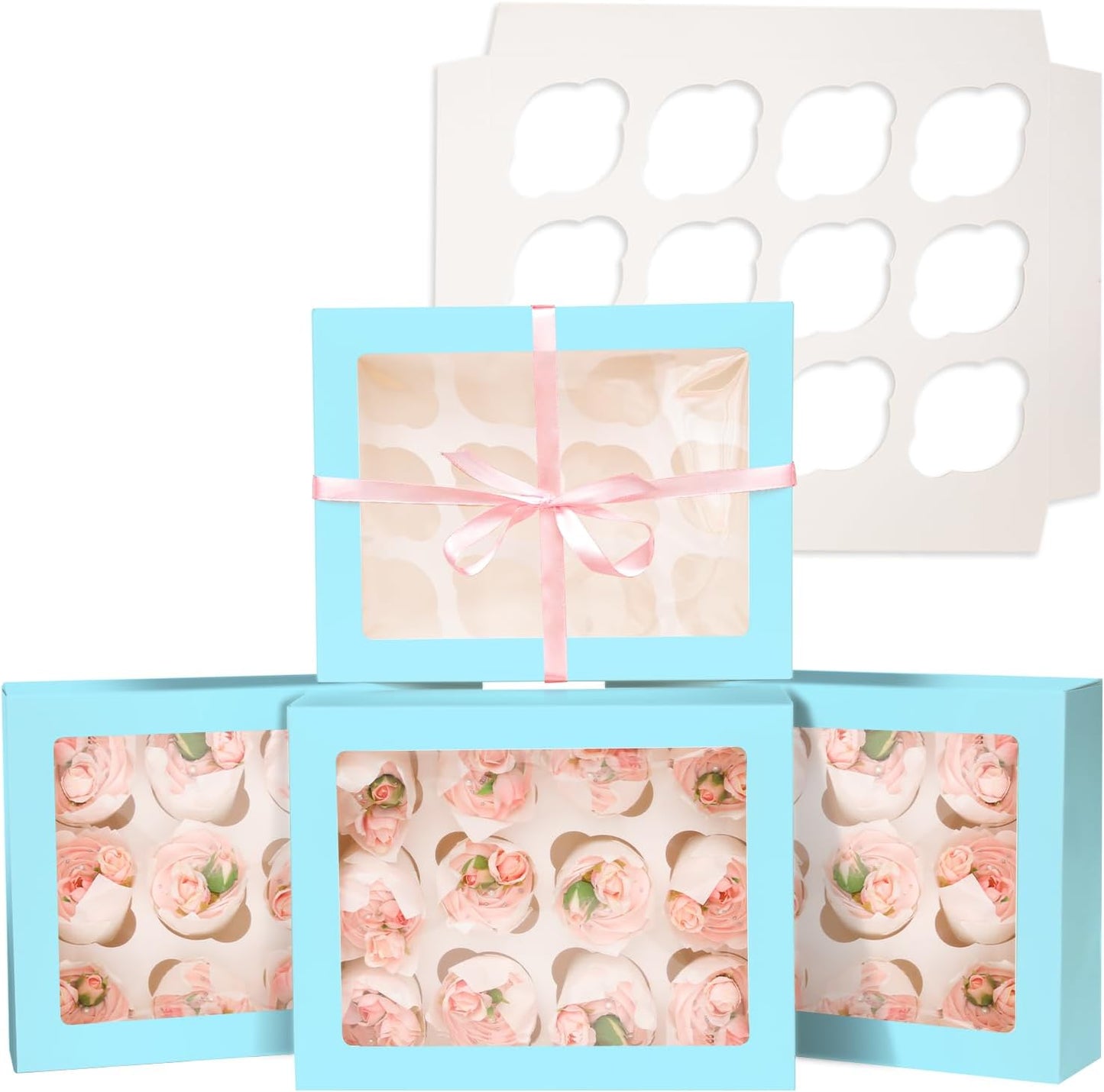 Bakepacker Auto-pop Up Cupcake Boxes with Window White 20PCS 12 Count Cupcake Box 13"x10"x3.5" Cupcakes Carrier, 12 Cupcake Containers with rolls of pink ribbons
