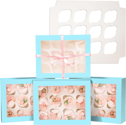 Bakepacker Auto-pop Up Cupcake Boxes with Window White 20PCS 12 Count Cupcake Box 13"x10"x3.5" Cupcakes Carrier, 12 Cupcake Containers with rolls of pink ribbons