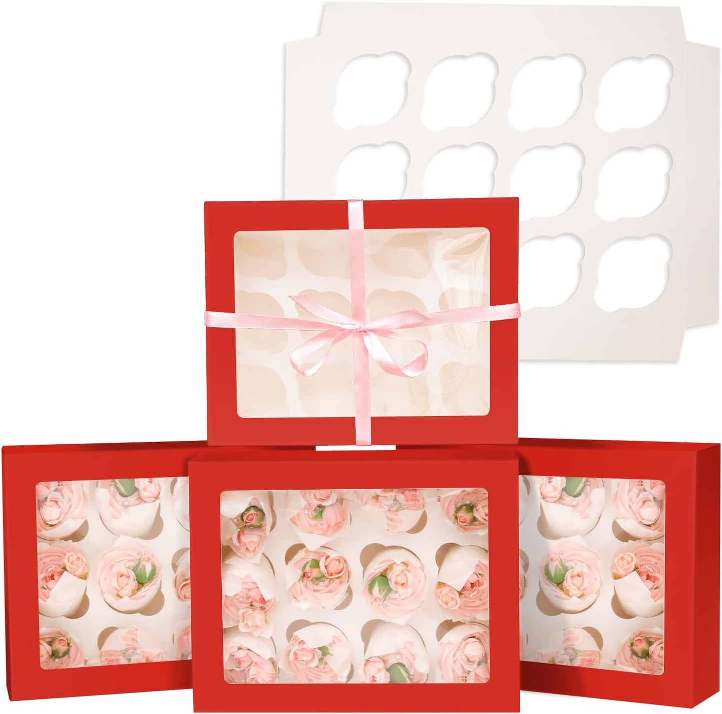 Bakepacker Auto-pop Up Cupcake Boxes with Window White 20PCS 12 Count Cupcake Box 13"x10"x3.5" Cupcakes Carrier, 12 Cupcake Containers with rolls of pink ribbons