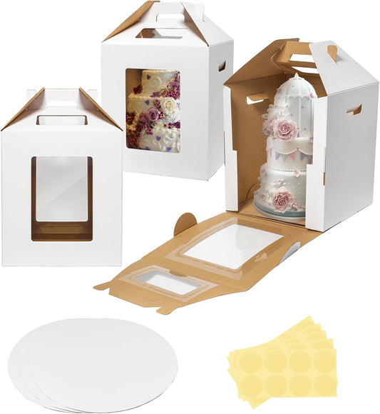 Wowxyz 3 Pack Tall Cake Boxes 14x14x16 Inches with Cake Board - Large Disposable Layer Baking Carrier Tier Bakery Take Out Transport Containers With Window for Wedding, Birthday, Party White