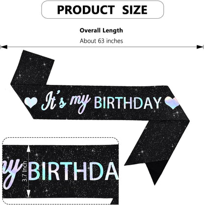 Vuzvuv It's My Birthday Birthday Sash, Glitter Birthday Sash with Foil Letters Birthday Party Decor for Women, Girls