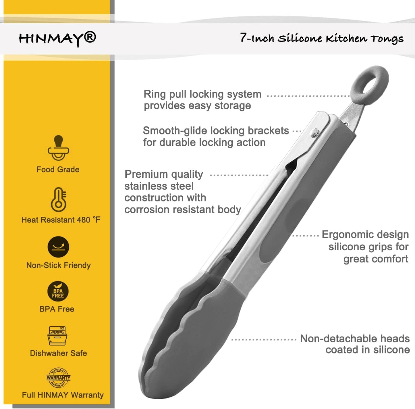 HINMAY Small Silicone Tongs 7-Inch Mini Serving Tongs, Set of 3 (Black Gray White)