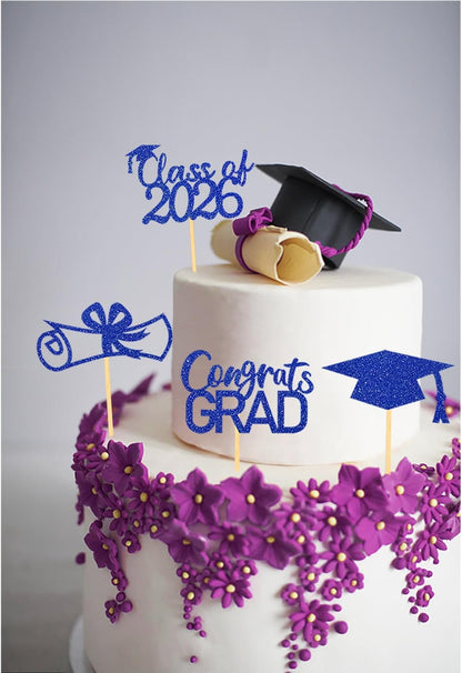 2026 Graduation Theme Cupcake Toppers Glitter Class of 2026 Graduation Cap Diploma Cupcake Picks - Set of 24 (Gold)
