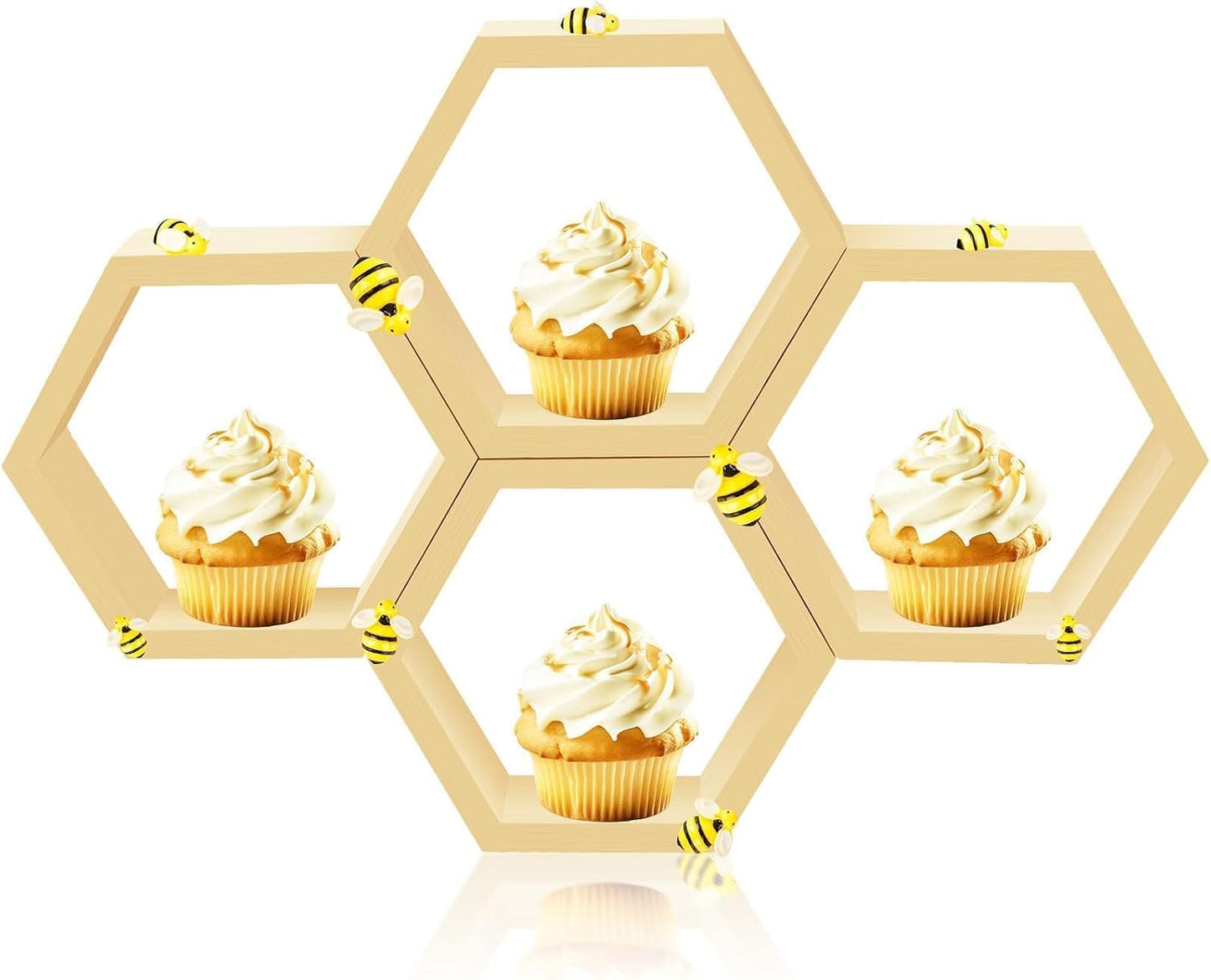 8 Pcs 4.13 Inch Honeycomb Cupcake Stand Cake Farmhouse Hexagon Display Holder Hexagonal Wood Cupcake Stand Floating Table Sign with Wooden Bee for Wedding Baby Shower Birthday Party Table Decorations
