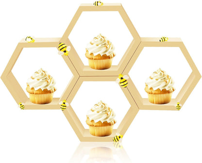 8 Pcs 4.13 Inch Honeycomb Cupcake Stand Cake Farmhouse Hexagon Display Holder Hexagonal Wood Cupcake Stand Floating Table Sign with Wooden Bee for Wedding Baby Shower Birthday Party Table Decorations