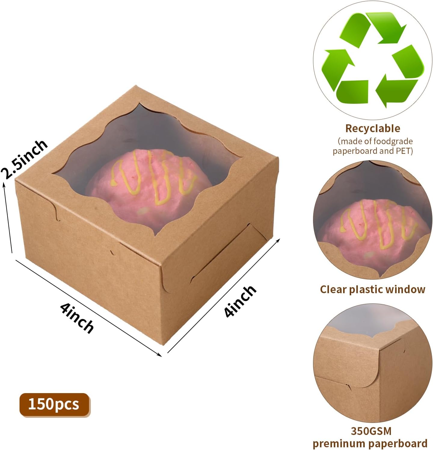 150pcs White Small Cake Box,4x4x2.5 Inch Bakery Boxes with Window,gift boxes bulk for Mini Cake Pastry Dessert Strawberries Chocolates Cupcakes with Stickers