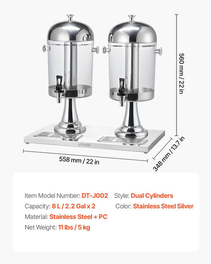 VEVOR Beverage Dispenser, 2.1 Gallon x 2 Drink Dispenser for Parties, Stainless Steel + Plastic Juice Dispensers with Spigot Ice Chamber Tray, Iced Tea Lemonade Dispensers, for Restaurants, Hotels