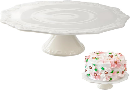 10 Inch White Ceramic Cake Stand (Holds 10 Inch Cake), Decorative Cupcake Stand, Dessert Display Plates for Snacks and Cookies, Baby Shower, Birthday, Wedding Party Decor