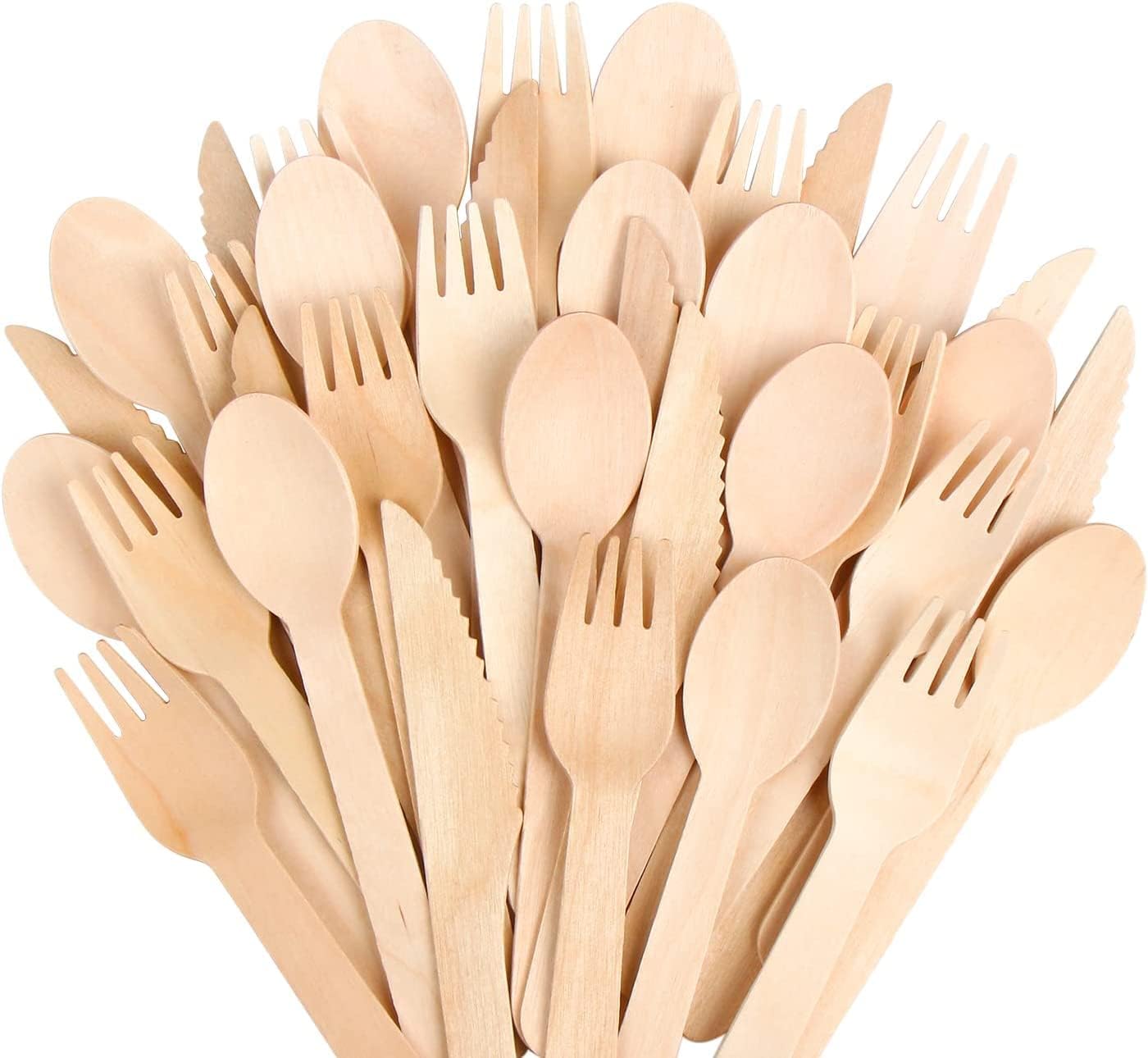 100% Compostable Cutlery Set - 150 Pieces Wooden Compostable Utensils [50 Forks, Knives, Spoons] - Disposable Wooden Cutlery, Eco Friendly Forks & Spoons Set Party Utensils