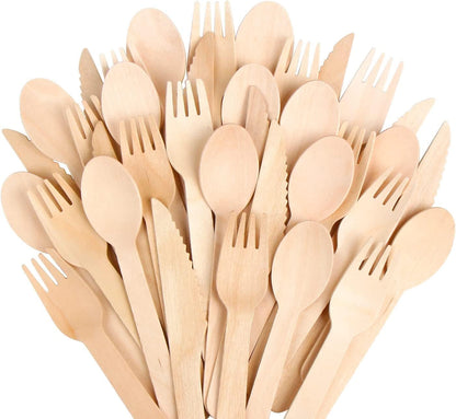 100% Compostable Cutlery Set - 150 Pieces Wooden Compostable Utensils [50 Forks, Knives, Spoons] - Disposable Wooden Cutlery, Eco Friendly Forks & Spoons Set Party Utensils
