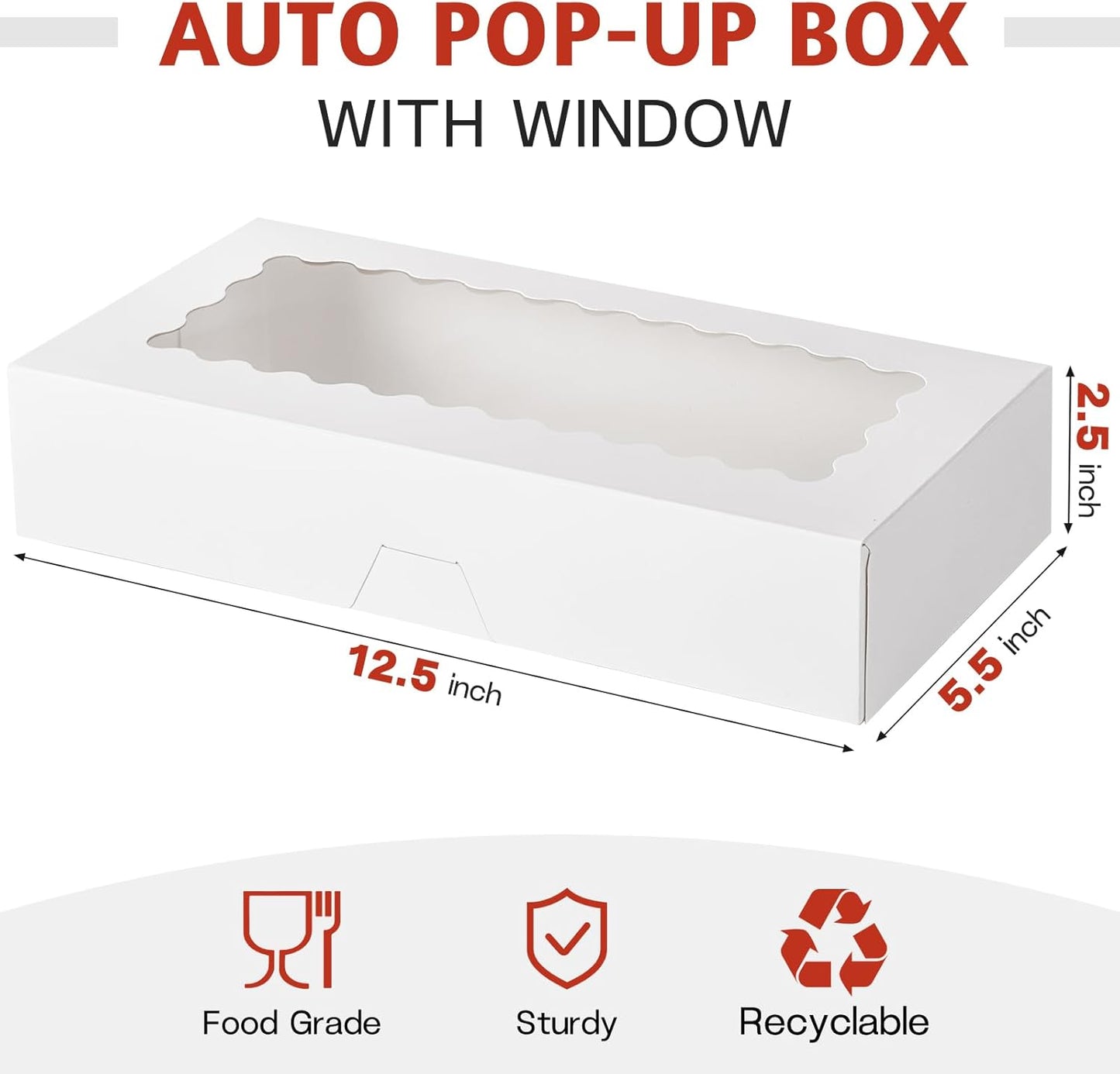 ZORRITA 30 Pack Auto Pop-up Cookie Boxes with Window, 12" x 8" x 2.5" White Bakery Boxes Treat Boxes for Chocolate Covered Strawberries, Breakable Heart, Sugar Cookies, Cake Pops, Donuts, Pastries