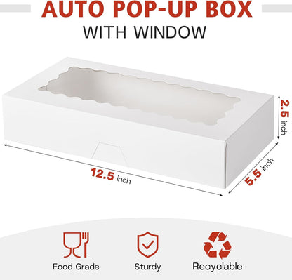 ZORRITA 30 Pack Auto Pop-up Cookie Boxes with Window, 12" x 8" x 2.5" White Bakery Boxes Treat Boxes for Chocolate Covered Strawberries, Breakable Heart, Sugar Cookies, Cake Pops, Donuts, Pastries